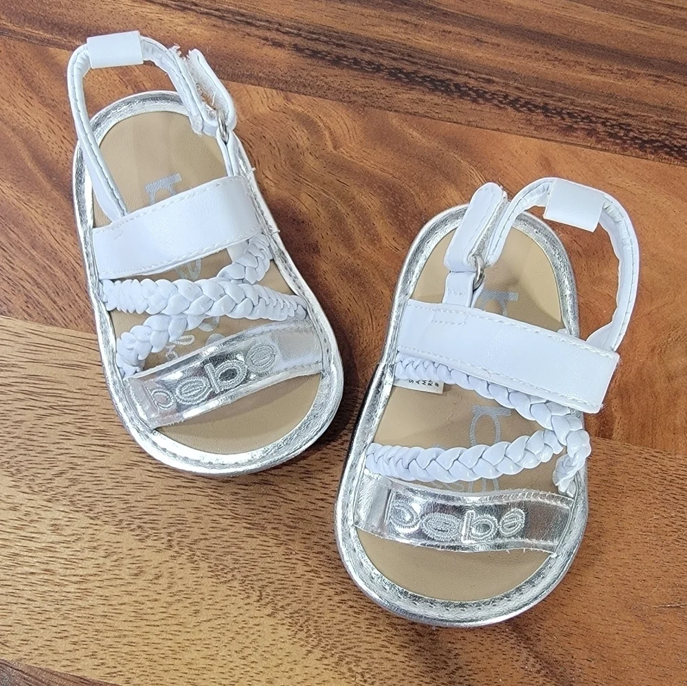 Bebe Silver and White Sandals Toddler Size 2 Braided With Ankle Strap